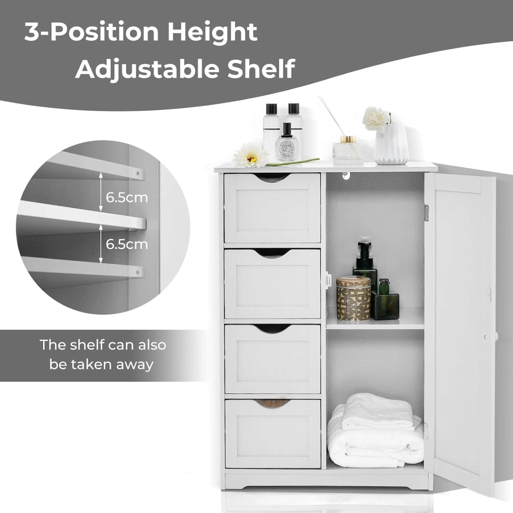 Armadietto portaoggetti con ripiano regolabile, armadio da bagno con 4 cassetti e 1 anta, 56 x 30 x 82 cm, con chiusura ribaltabile, per soggiorno, cucina (bianco), SE09884MTDE