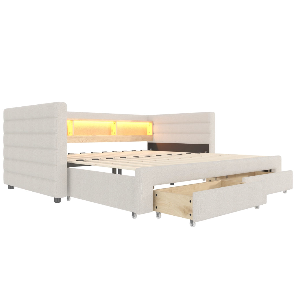 Letto di Giorno Contenitore con LED ¨C MINIMAL ¨C Velluto Beige, 90x190, USB, Cassetti