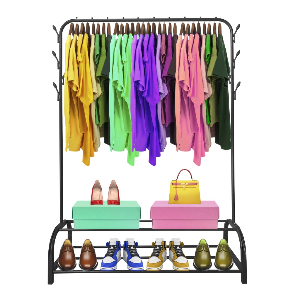 Appendiabiti Donkey Premium Rack a 2 supporti Nyana Home 158x110x39 cm, 1 barra appendiabiti, 8 ganci laterali, 2 ripiani inferiori Nero.