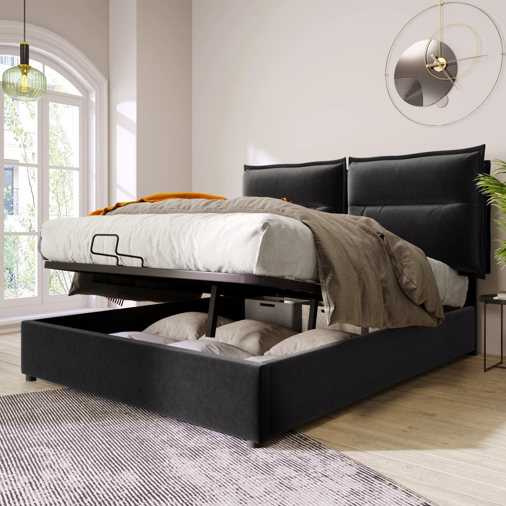 LETTO contenitore idraulico 140x200 cm con testiera regolabile, nero