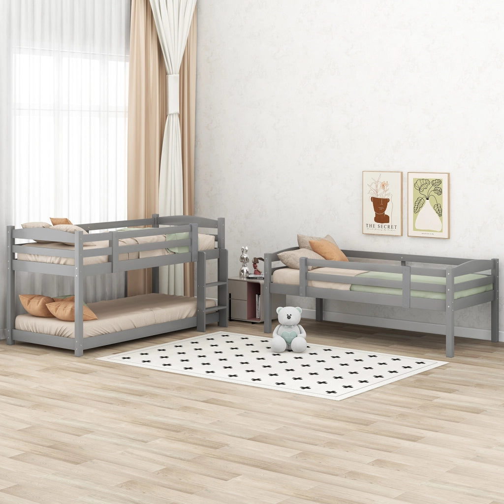 DESMIU Letto a castello 3 posti 90 × 200 cm con 2 scale, senza materasso, in pino, grigio