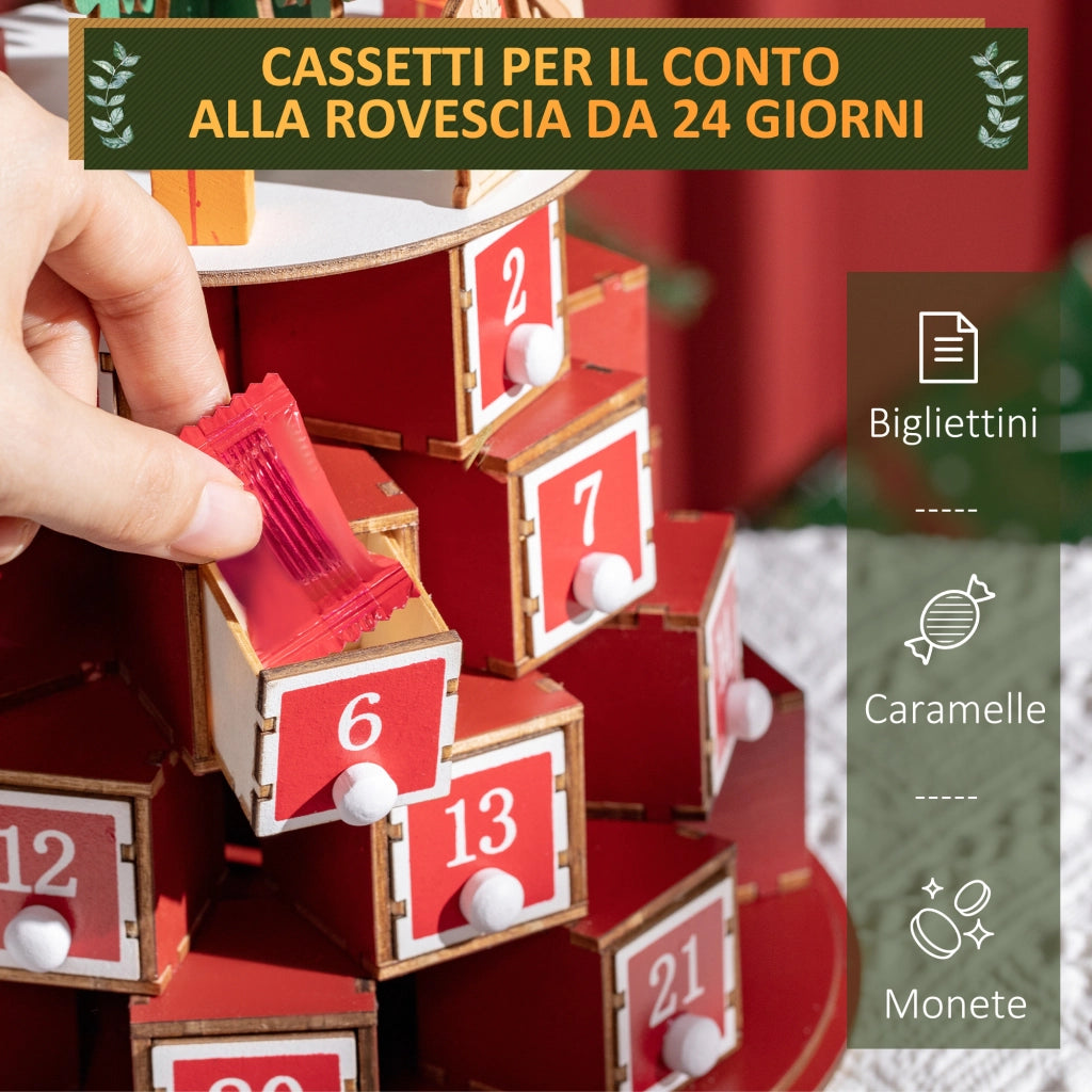 Calendario Avvento di Natale ¨C zephmum ¨C Compensato Rosso Verde Giallo con Luci LED 22x22x35 cm