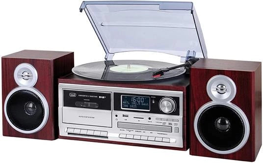 Trevi giradischi stereo dab+ 25w wireless usb sd aux-in cassetta encoding tt 1072 dab legno