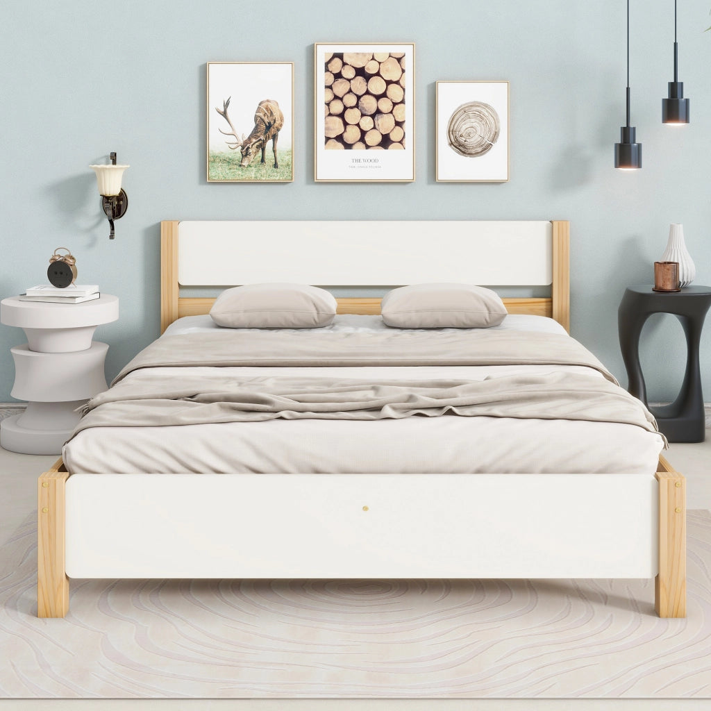 Letto Matrimoniale 140×200 cm con Testiera e Pediera; senza Materasso; in Legno Massello e MDF; Bianco Naturale