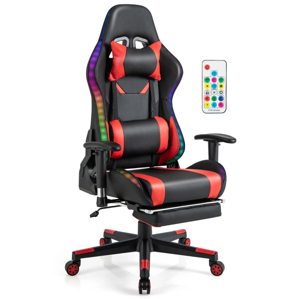 Sedia da gioco con luci RGB LED altezza regolabile poggiapiedi estraibile, Sedia da ufficio ergonomica Rosso-Sedie gaming