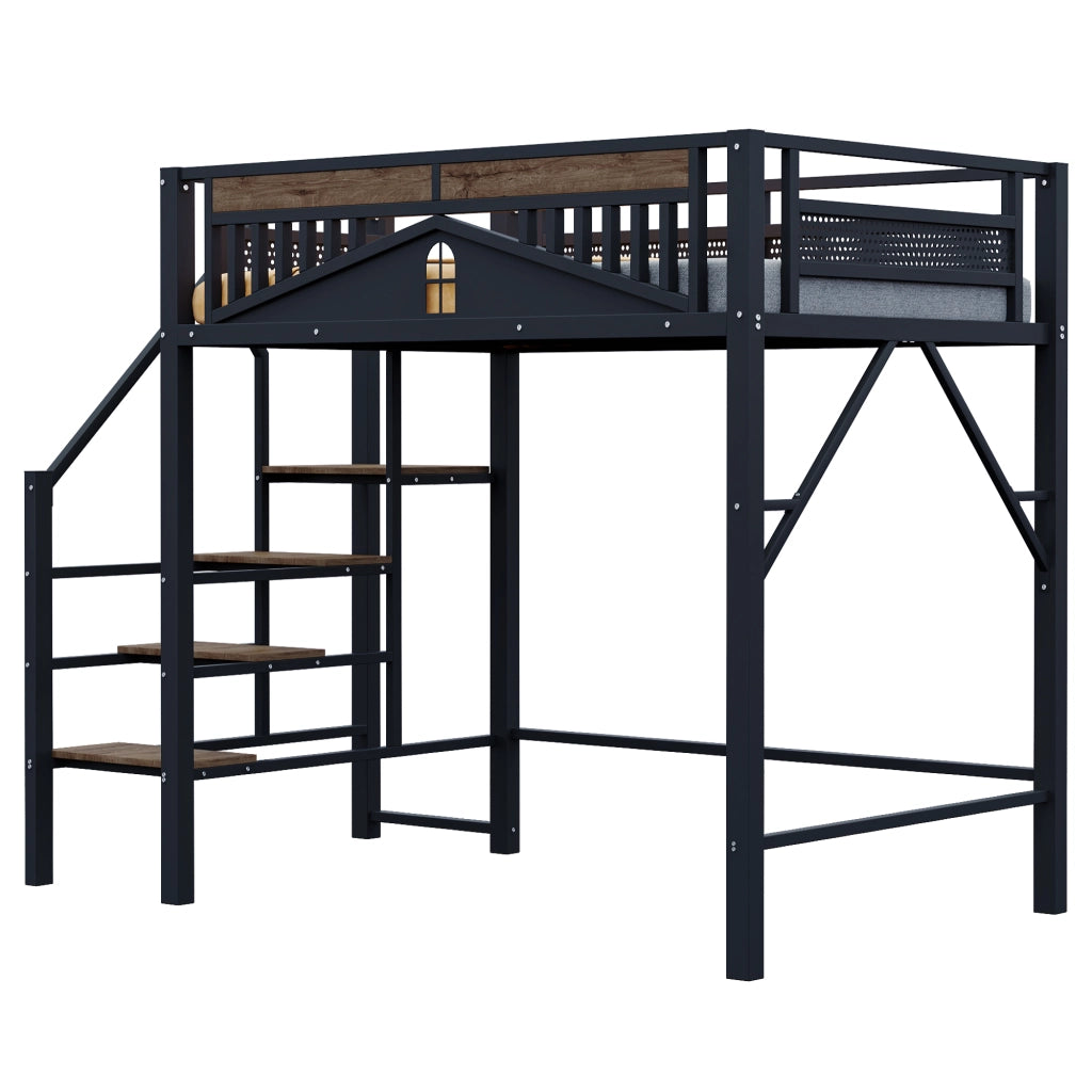 Letto a castello metallo e legno nero con funzione contenitore 140x200 cm