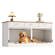 Cuccia per cani in legno e metallo con porta ribaltabile, divisorio removibile e 3 cassetti, bianco effetto legno, 164 × 60 × 81 cm