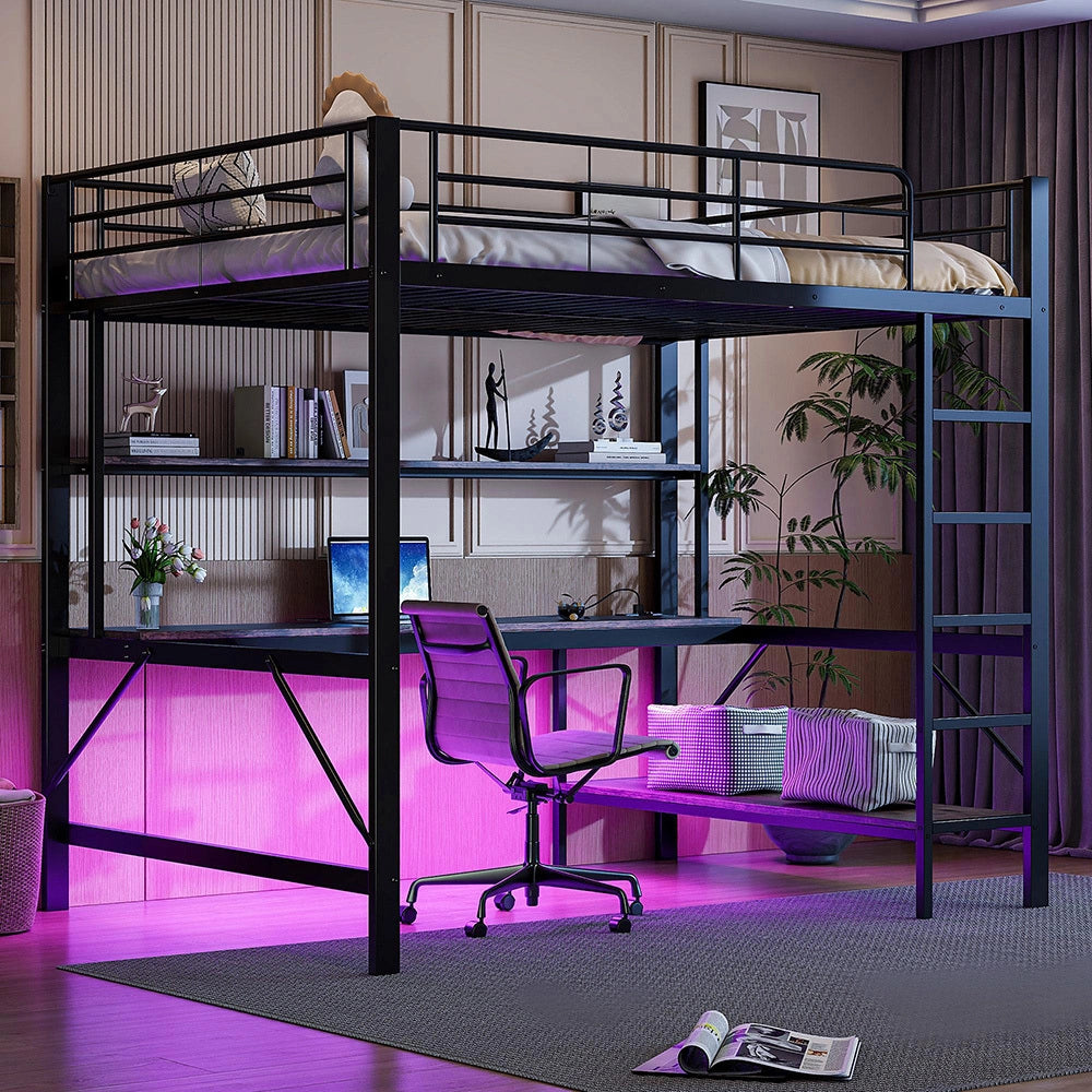 Letto mezzanino 140x200cm - Xylo - nero, USB, scaffale a livelli