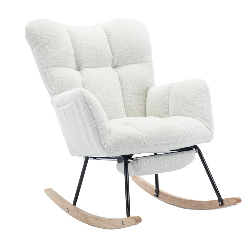 Sedia a Dondolo Imbottita con Poggiapiedi Pieghevole e Schienale Alto Ergonomico; in Teddy Bianco