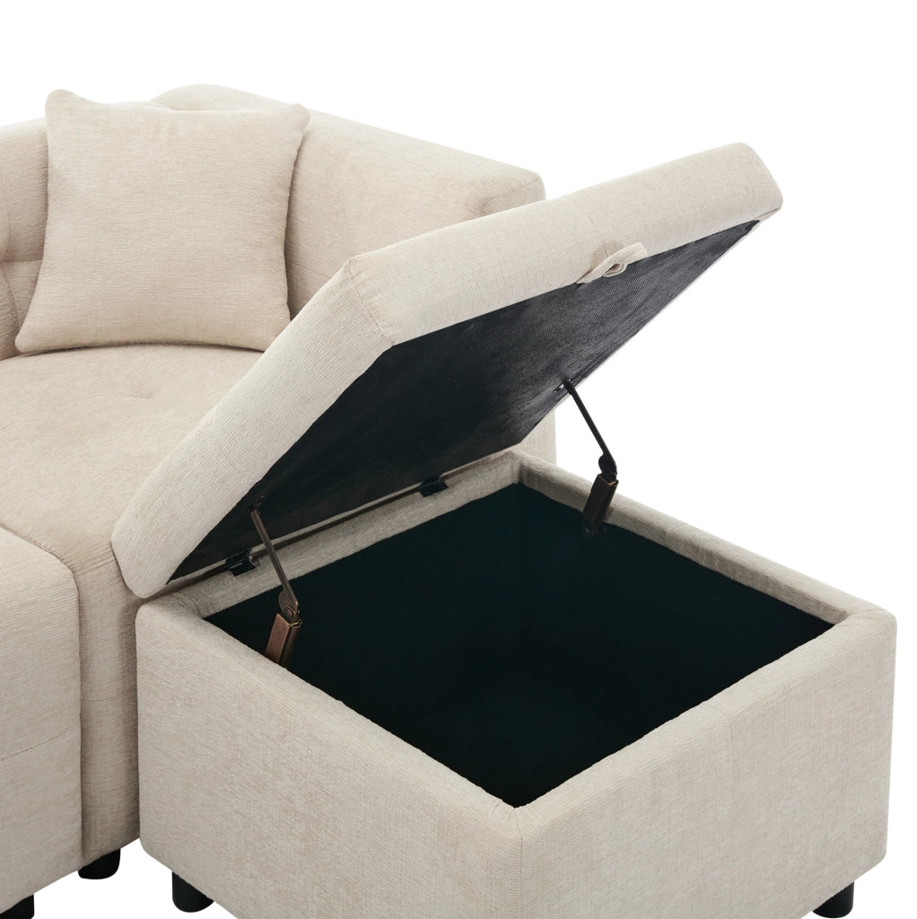 Divano angolare modulare 3 posti in tessuto di ciniglia beige con pouf contenitore e 2 cuscini