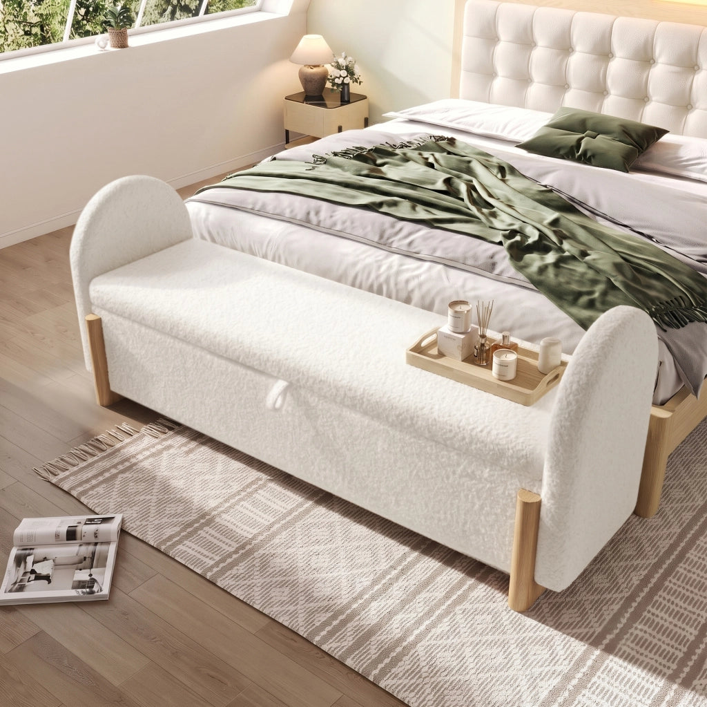 Panca contenitore imbottita con apertura idraulica 106x47x61 cm; bouclé bianco