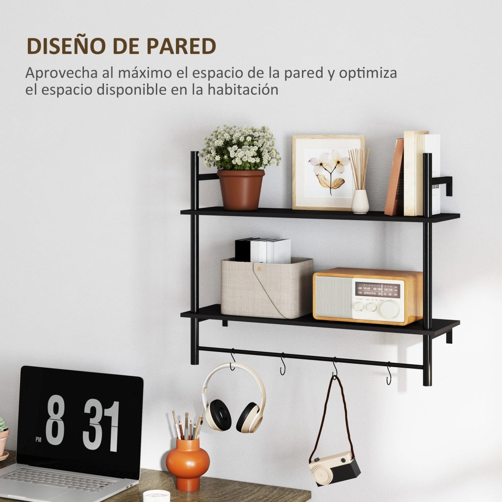 Scaffale a Parete 2 Livelli con Ganchi ¨C Zephmum ¨C 80x24x65 cm Nero