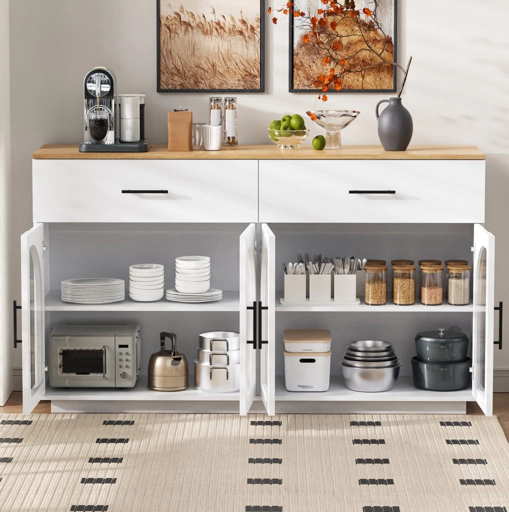 Buffet Cucina con LED, 2 Cassetti e 4 Ante, Ripiani Interni, 147x40x86 cm, Bianco
