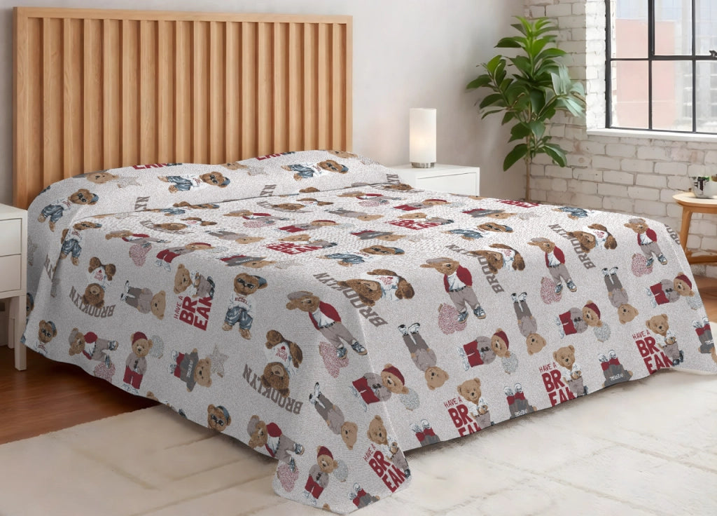 Copriletto Piquet Primavera Estate 100% Cotone Disegno Teddy - Matrimoniale - Beige