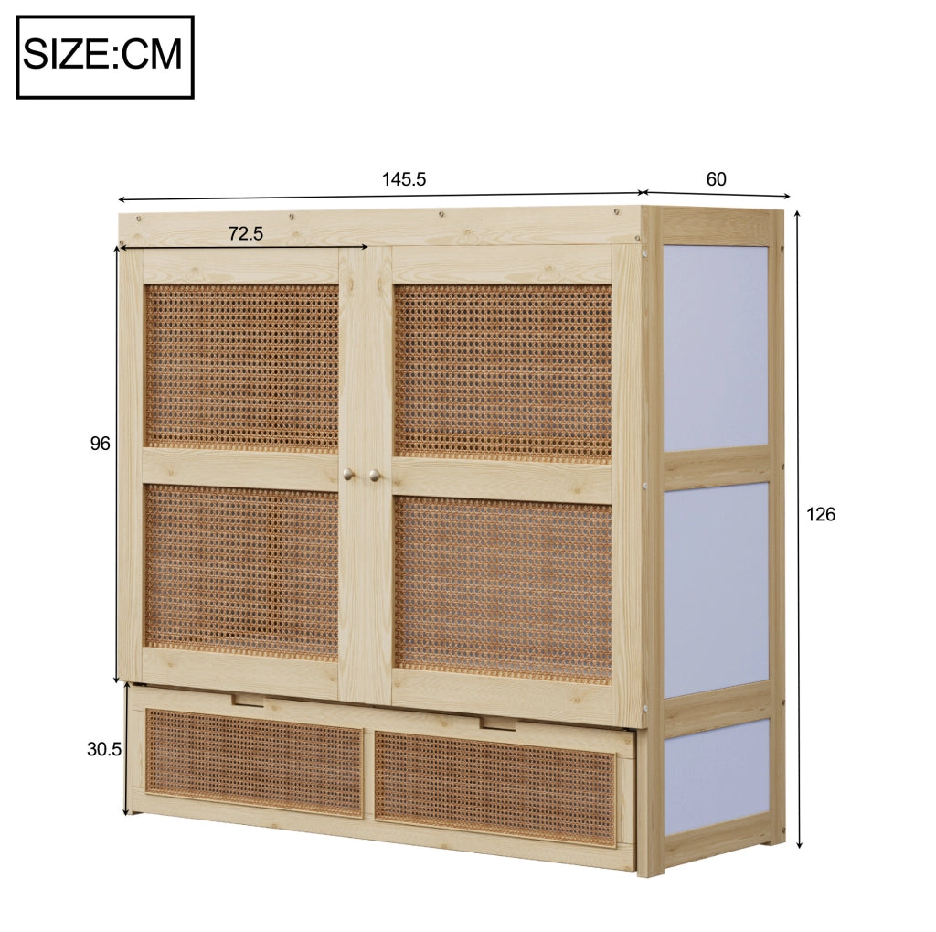 Letto a scomparsa verticale 140x200 cm in legno colore naturale con cassetti e design rattan