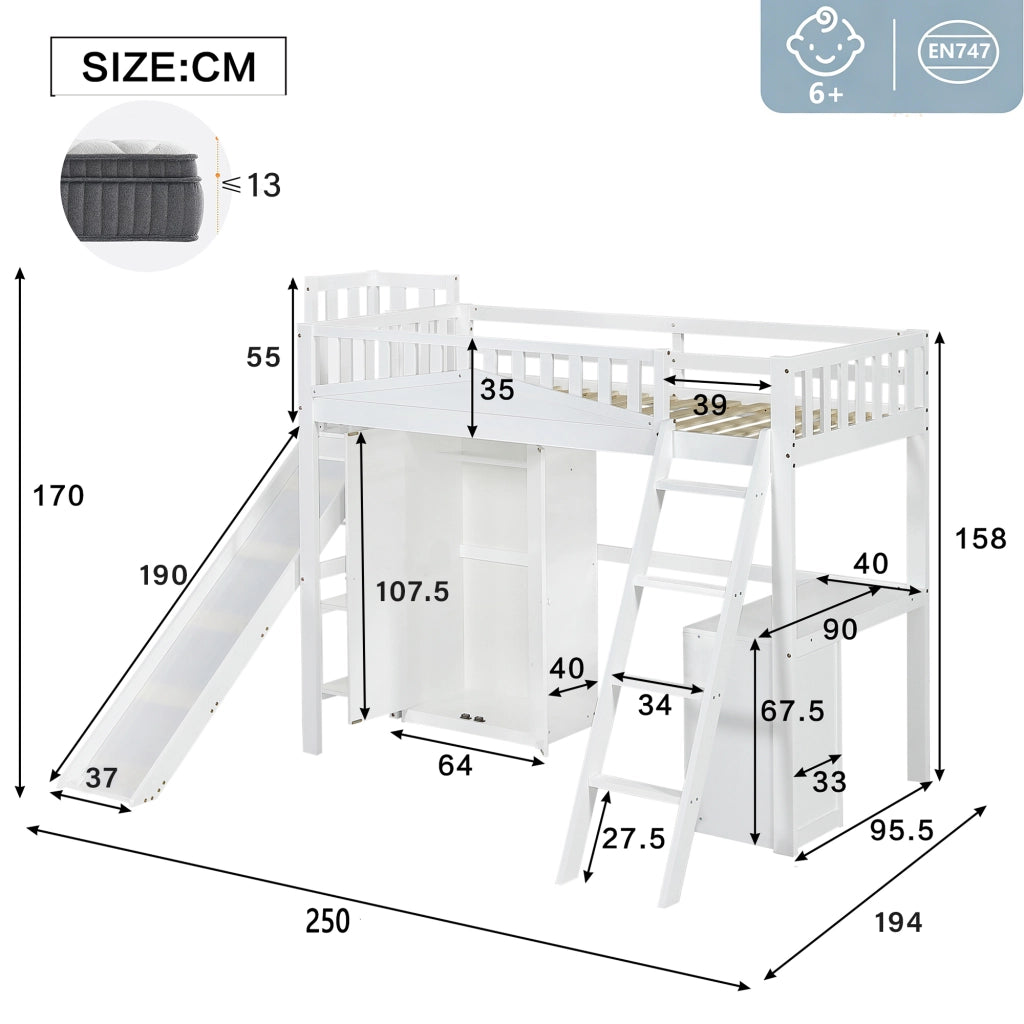 DESMIU Letto a castello Letto per bambini 1 posto con scivolo, scrivania e armadio, 90 × 200 cm, senza materasso, bianco