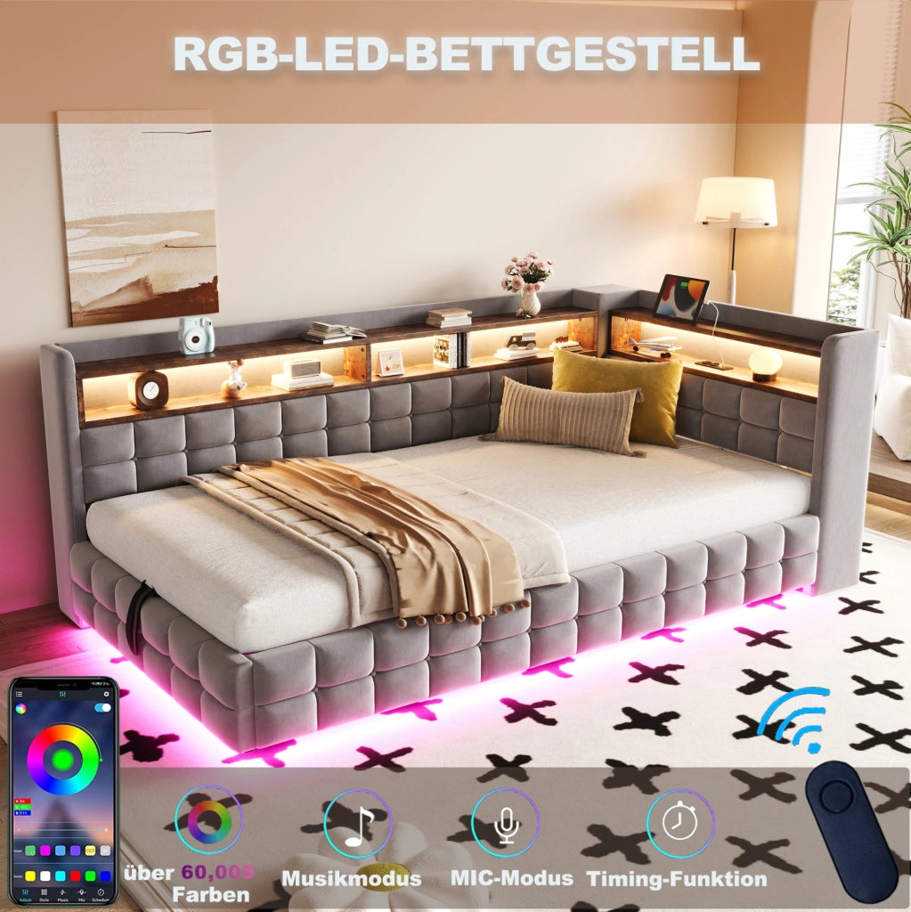 Divano letto imbottito 90x200 cm con contenitore idraulico; LED; USB; presa e mensole in legno; grigio chiaro