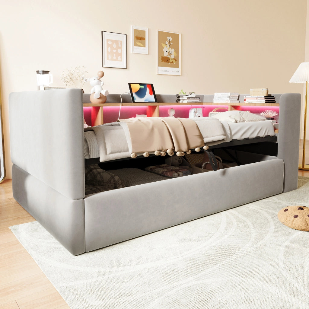 Divano letto imbottito con vano contenitore idraulico, luci LED e prese integrate, 90 x 190 cm, grigio chiaro