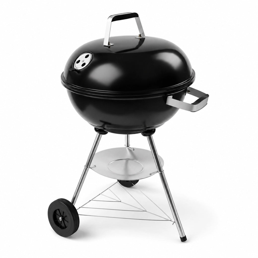 Barbecue A Carbone Con Coperchio Griglia In Acciaio Cromato Ruote Per Trasporto Facile Da Montare Per Giardino Campeggio E Terrazza 51 x 46.5 x 78 Cm Nero
