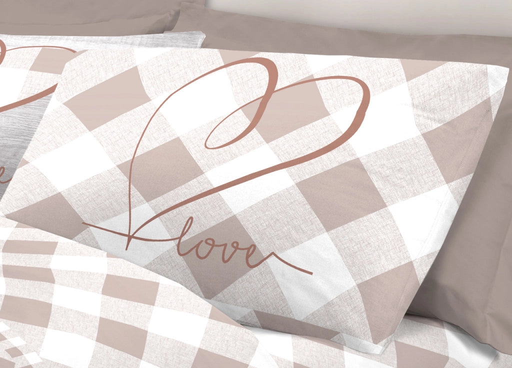 Completo Lenzuola Letto Pensieri Delicati 100% Cotone Dis.Lovely Check - Piazza E Mezza - Beige