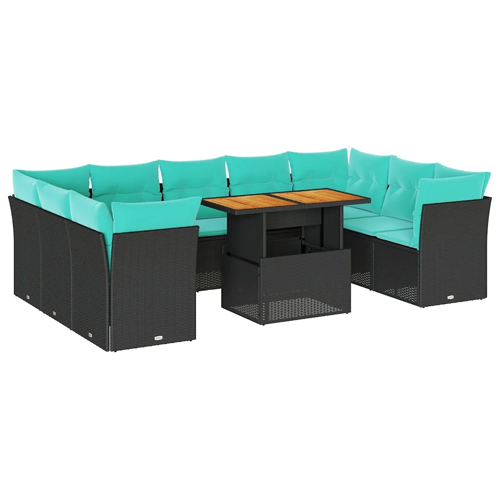Set Divani da Giardino 10pz con Cuscini in Polyrattan Nero