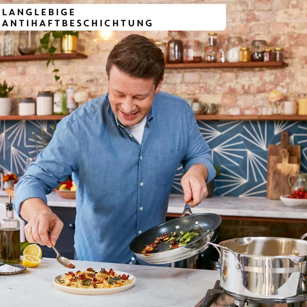 Jamie Oliver Cook Smart - Set di padelle da 20/24/28 cm, E310S3, in titanio sicuro, 2 rivestimenti antiaderenti, termo-segnale, tecnologia a induzione integrale termofusione, manico ergonomico