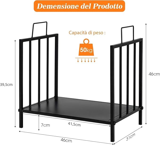 Porta Legna per Interni ed Esterni, Porta Legna per Camino con Comoda Maniglia e Piedini Rialzati, Portalegna da Ardere per Caminetti, Stufe e Focolari, Portata 50 kg (46 x 31 x 46 cm)