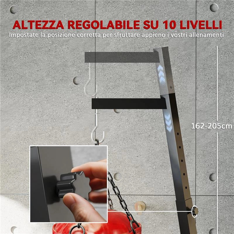 SUPPORTO SACCO DA BOXE REGOLABILE IN ALTEZZA E AUTOPORTANTE CON BASE TRIANGOLARE, 170X90X182-225 CM, NERO