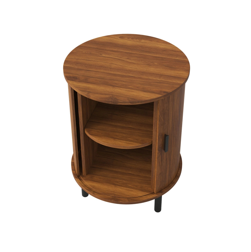 Mobiletto rotondo 48x48x65 cm con anta scorrevole e ripiano interno; MDF e truciolare; noce