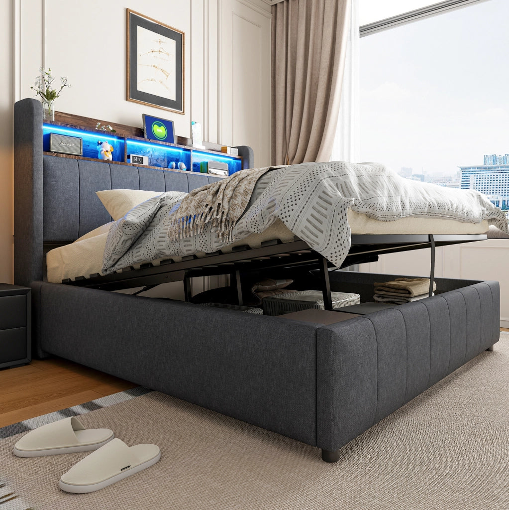 Letto imbottito 140x200 cm con LED, USB e contenitore idraulico