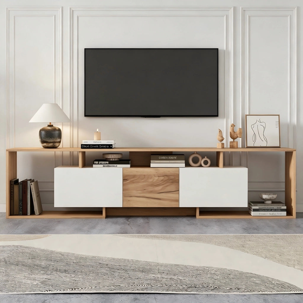 Mobile porta TV con 2 ante a ribalta, 1 anta e 3 vani aperti, per soggiorno, bianco e naturale 180 × 30 × 49 cm