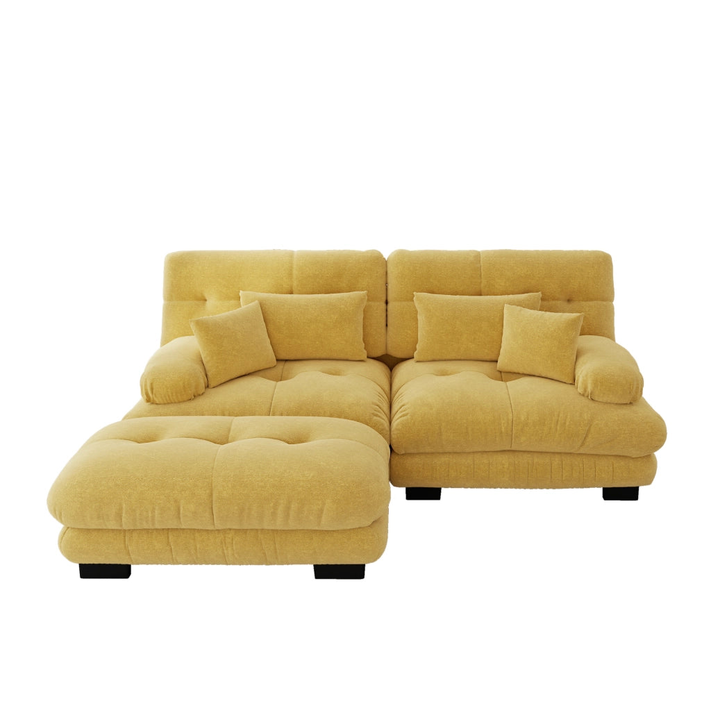 Divano modulare in chenille con ottoman; giallo