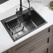 Bacino di scarico in acciaio inossidabile nero 68 x 45 cm - Inseribile, con riduzione del rumore, inclusa ciotola per l'acqua di scarico e dispenser per il detersivo