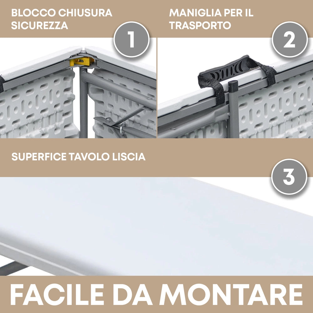 Set Da 3 Pezzi Tavolo + 2 Panche Pieghevoli Set Birreria Interno Esterno 180 Cm XXL 6/8 Per Feste Sagre Posti Maniglie Per Trasporto Giardino Campeggio Struttura Acciaio Impermeabile Uv Resistente Tavolino E Panchine Vacanze