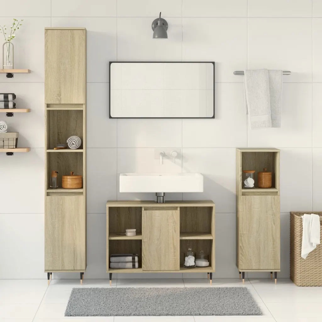 Set Mobili da Bagno | Armadio da bagno 3 pz Rovere Sonoma in Legno Multistrato