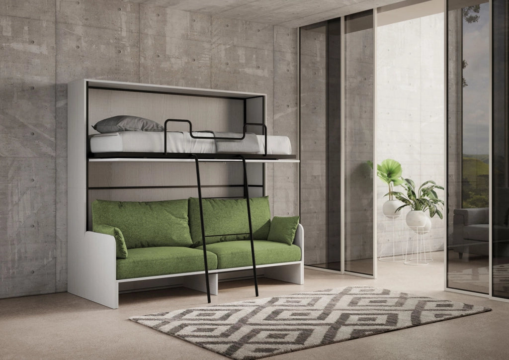 Letto doppio a scomparsa Kando con divano con materassi bianco frassino, verde