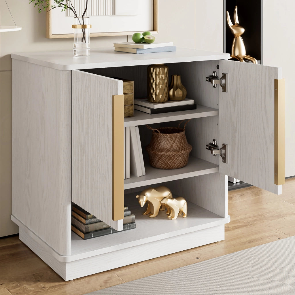 Mobile Scarpiera con 2 Ante e Vano a Giorno; Maniglie Dorate; Moderno; in MDF; Bianco Effetto Legno; 60×40×61 cm