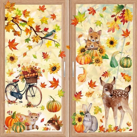 68 Sticker per finestra autunnali autoadesivi con adesivo naturale, decorazioni per finestre autunnali senza colla, foglie di quercia, zucche e piccoli animali per decorazione di finestra autunnale per bambini