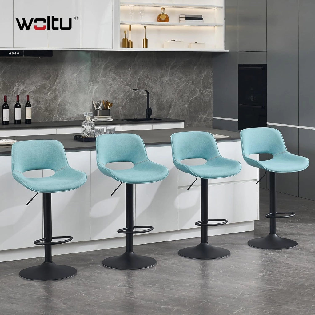 Set di 4 Sgabelli da Cucina, Sedia da Bar in Lino, Sgabello Regolabile in Altezza, con Schienale, Seduta Imbottita Girevole a 360°, per Bistrot, Pub, Base in Metallo, Blu, BH438bl-4
