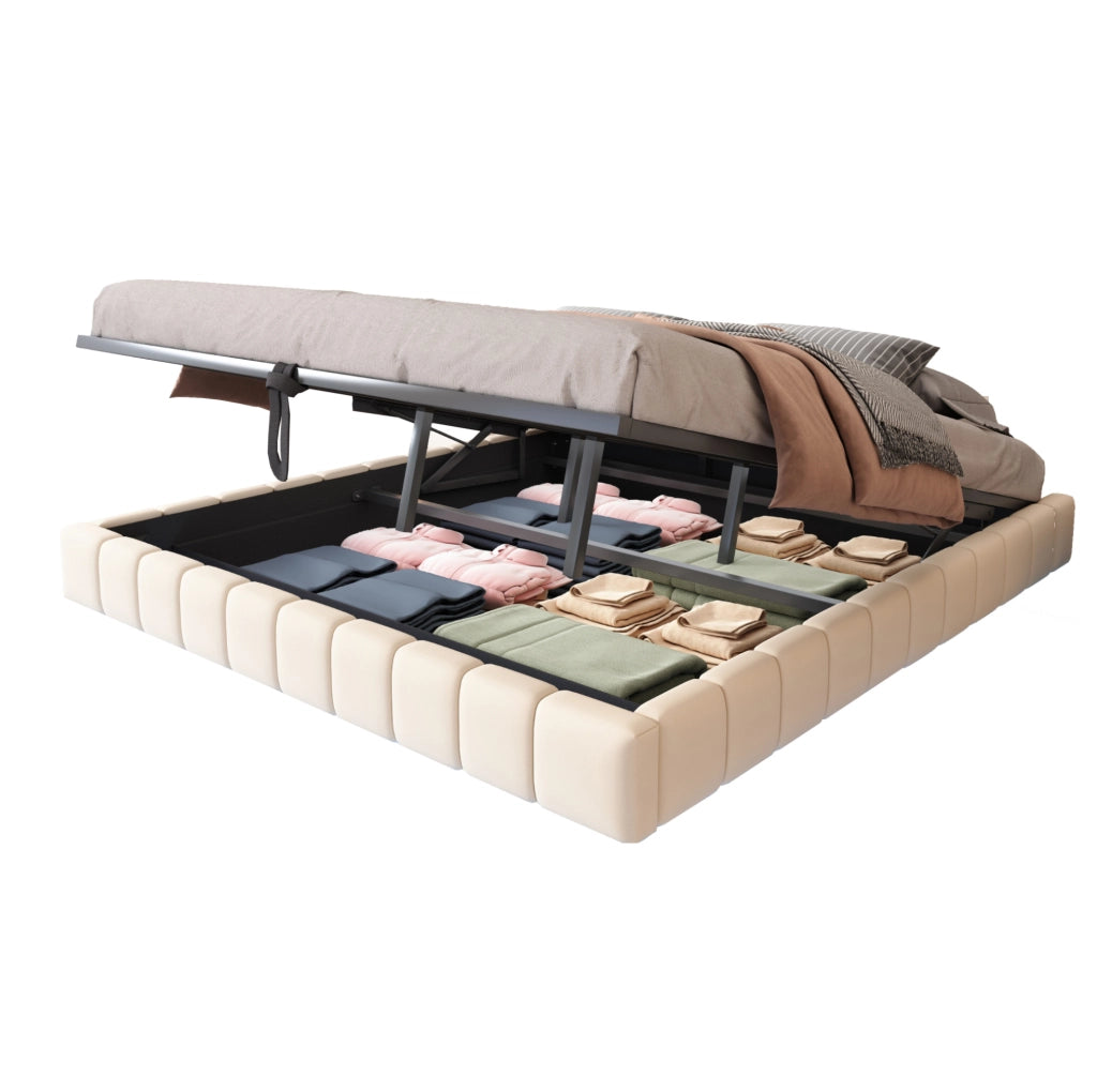 Letto imbottito 180x200 cm beige con contenitore, LED e senza testiera