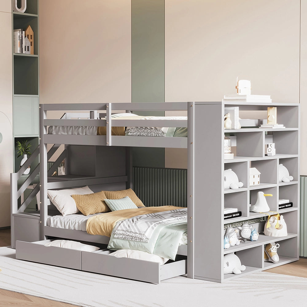 Letto a castello 90x200 cm - Xylo - Grigio con scala di sicurezza e cassetti