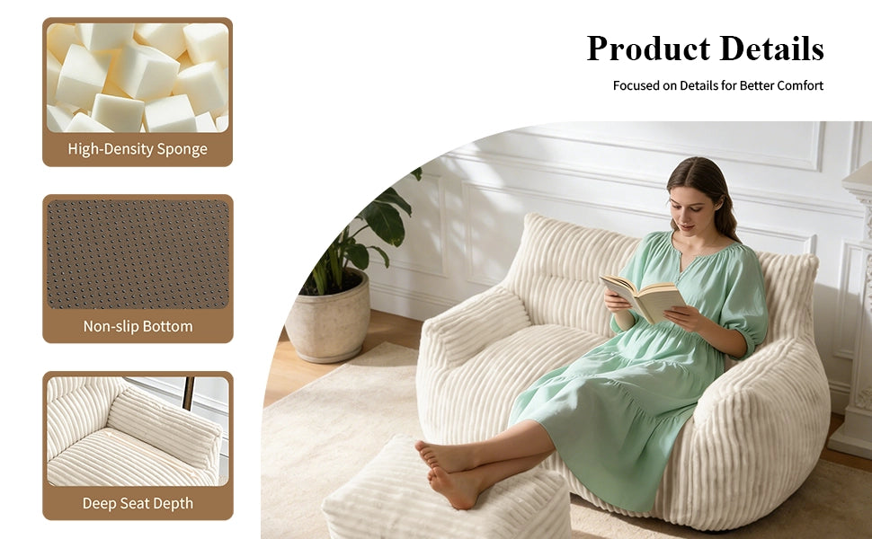 POLTRONA SACCO Oversize Bianca in Flanella, Design Ergonomico, 1 pezzo