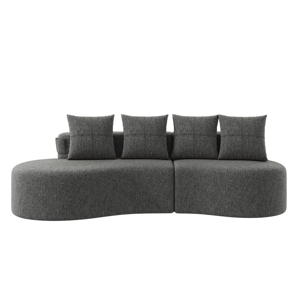 Divano 240x109 cm grigio scuro in lino; 4 cuscini e portabicchieri