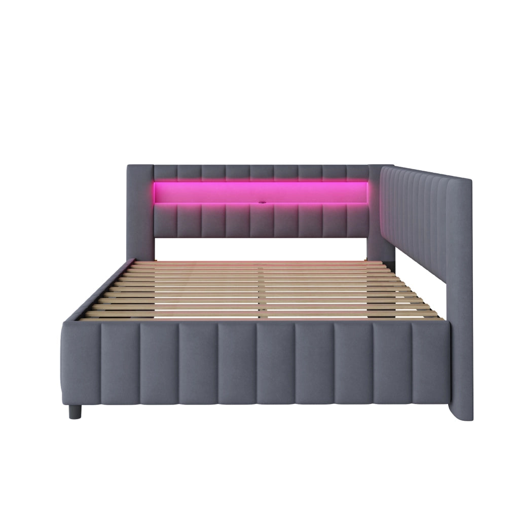 Divano letto imbottito a L 140 x 200 cm in velluto grigio con LED e USB