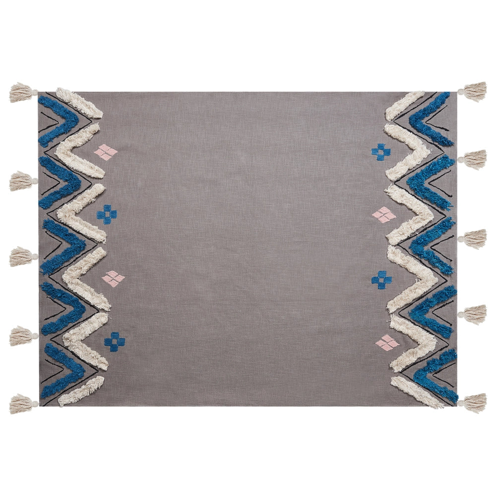 Coperta in cotone grigio 130 x 180 cm copriletto moderno motivo chevron frange soggiorno camera da letto