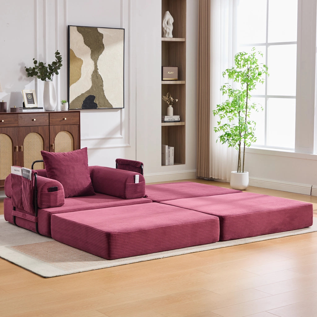 Poltrona pouf modulare con funzione letto e struttura pieghevole in velluto a coste - rosso vino