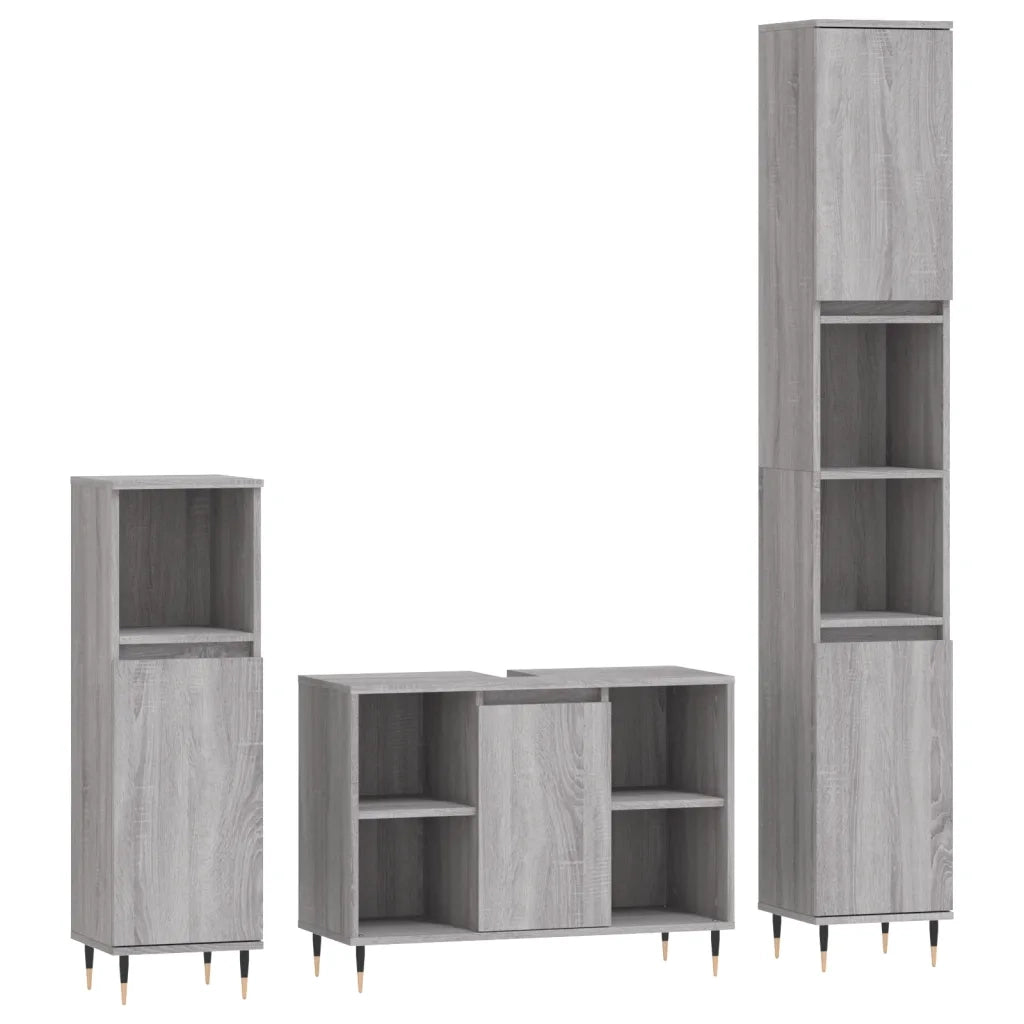 Set Mobili da Bagno | Armadio da bagno 3 pz Grigio Sonoma in Legno Multistrato