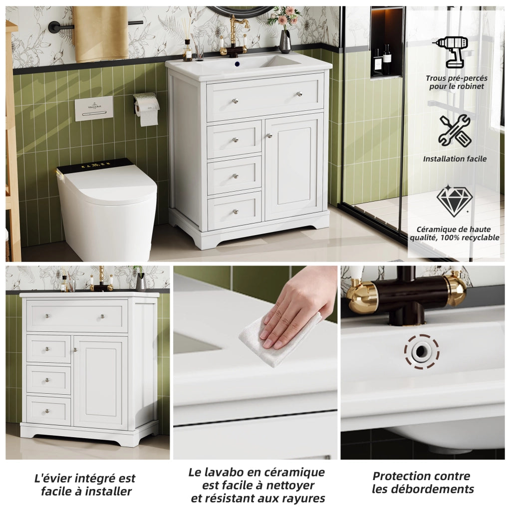 Mobile sottolavabo da bagno con lavabo integrato in ceramica, 4 cassetti e 1 anta, MDF bianco 76 × 46 × 87 cm