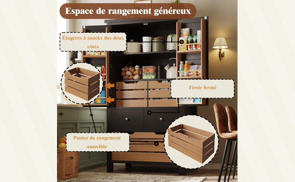 Mobile da cucina 80x40x140 cm, credenza alta multiuso con 2 ante e 5 cassetti, nero/bianco