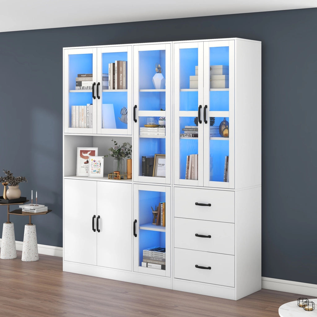 Vetrina con LED, 8 ante e 3 cassetti per soggiorno e sala da pranzo, in truciolare, bianco, 180 × 40 × 200 cm